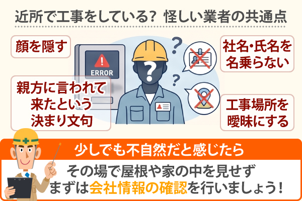 近所で工事をしている？ 怪しい業者の共通点 少しでも不自然だと感じたら、その場で屋根や家の中を見せずまずは会社情報の確認を行いましょう！