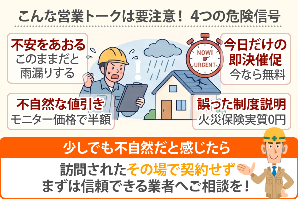 こんな営業トークは要注意！ 4つの危険信号 少しでも不自然だと感じたら、訪問されたその場で契約せずまずは信頼できる業者へご相談を！